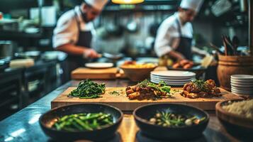 ai generiert generativ ai, beschäftigt Köche Arbeiten auf das Restaurant Küche , verschwommen Hintergrund foto