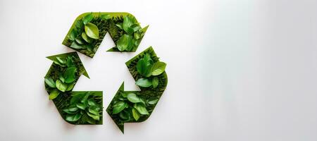 ai generiert generativ ai, ein Recycling Grün Zeichen gemacht von Holz und Blätter, Null Abfall, Wiederverwendung Konzept. foto