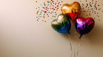 ai generiert generativ ai, vereiteln lgbt Regenbogen Flagge Farben Luftballons im Herz gestalten und Konfetti zum Valentinstag Tag oder Hochzeit mit Kopieren Raum foto