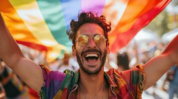 ai generiert generativ ai, Fröhlich Mann lächelnd mit Regenbogen Flagge, lgbt Menschen Gehen im das Straße während das Schwulenstolz Stolz foto