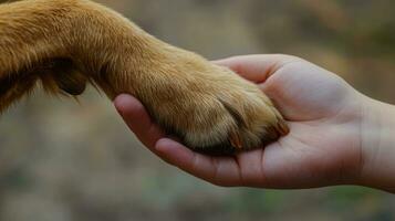 ai generiert generativ ai, Tierarzt Hand ist halten Hund Klaue. Hund Pfote im des Menschen Hand. inländisch Haustier foto