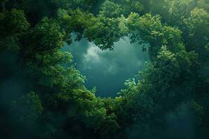 ai generiert generativ ai, Grün Wald mit Herz Form, schön Landschaft mit Weiß Wolken, Umgebung Liebe Planet Konzept foto