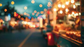 ai generiert generativ ai, Essen LKW Straße Festival, verschwommen Beleuchtung Hintergrund, atmosphärisch Bokeh, stumm geschaltet Farben foto