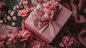 ai generiert generativ ai, Valentinstag Tag Geschenk Box mit Dekoration schließen hoch, stumm geschaltet Farben, Urlaub fotorealistisch ästhetisch Hintergrund foto