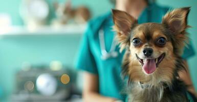 ai generiert generativ ai, süß klein Hund Sein untersucht durch Fachmann Tierarzt im Tierarzt Klinik foto