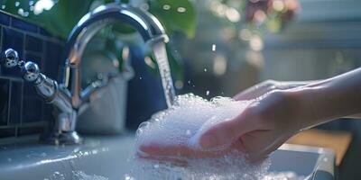 ai generiert generativ ai, Person Waschen Hände mit Seife und Wasser beim Waschbecken, Hygiene Konzept foto