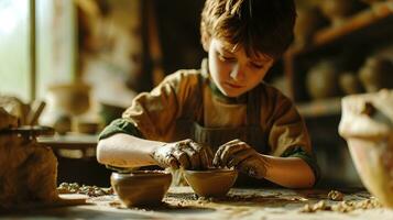 ai generiert generativ ai, Kind Hände mit Lehm Herstellung von ein Keramik Topf im das Keramik Werkstatt Studio, Hobby und Freizeit Konzept foto