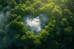 ai generiert generativ ai, Grün Wald mit Herz Form, schön Landschaft mit Weiß Wolken, Umgebung Liebe Planet Konzept foto