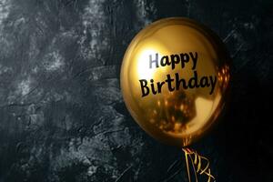 ai generiert generativ ai, golden Ballon mit Glückwunsch, glücklich Geburtstag, schwarz Hintergrund foto