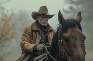 ai generiert ein älter Mann im ein Cowboy Hut Reiten ein Pferd foto