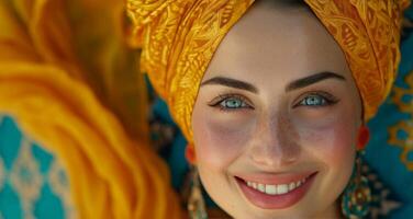 ai generiert ein lächelnd Frau im ein Gelb Türkisch Turban foto