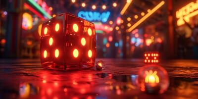 ai generiert rot Würfel auf ein Kasino Fußboden mit rot Licht Glühbirnen foto
