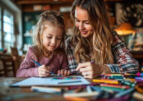 ai generiert ein jung Mädchen nimmt Buntstifte von ein Box zu tun Kunst und Kunsthandwerk mit ihr Mutter foto