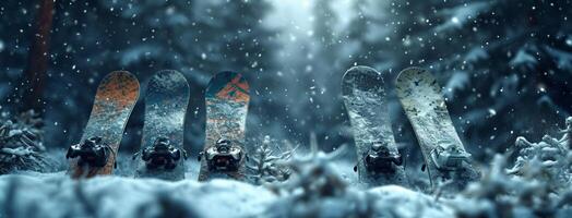ai generiert vier Snowboards wurden gesammelt im das Wald foto