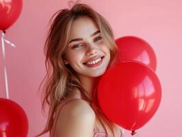 ai generiert Mädchen mit Ballon Valentinstag Tag Party auf ein Rosa Hintergrund foto