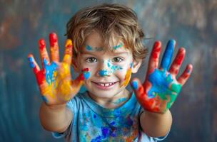 ai generiert ein Vorschulkind mit seine Hände gemalt mit viele Farben er könnte wählen von foto