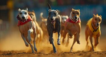 ai generiert ein Gruppe von Windhunde Laufen auf ein Spur foto