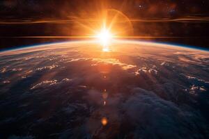 ai generiert das Planet Erde und Sonne Licht Aussicht von Raum foto