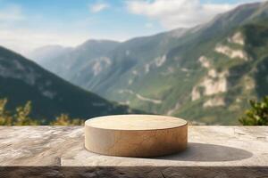 ai generiert Stein Podium im Natur zum Produkt Anzeige, Landschaft Aussicht im Hintergrund foto