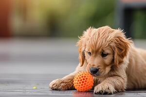 ai generiert golden Retriever Hund Hündchen spielen mit Spielzeug foto