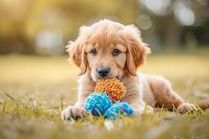 ai generiert golden Retriever Hund Hündchen spielen mit Spielzeug foto