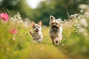 ai generiert zwei süß Hunde Lauf fröhlich durch ein Sommer- blühen Wiese foto