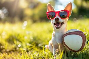 ai generiert Fußball Chihuahua Hund spielen mit Ball und Lachen aus laut mit rot Sonnenbrille draußen foto