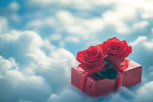 ai generiert rot Geschenke mit Rose Blumen auf Himmel Blau Wolken, glücklich Valentinstag Tag Konzept foto