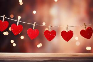 ai generiert glücklich Valentinstag Tag, rot Herzen hängen auf hölzern Kleider Heringe auf ein Schnur, mit Bokeh Beleuchtung im das Hintergrund foto