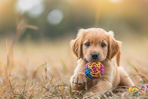 ai generiert golden Retriever Hund Hündchen spielen mit Spielzeug foto