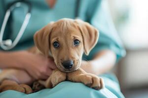 ai generiert ein Tierarzt ist halten ein süß Hündchen foto