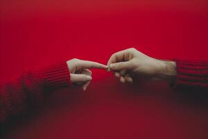 ai generiert Mann und Frau geschlossen Finger zusammen auf rot Farbe Hintergrund, glücklich Valentinstag Tag Konzept foto
