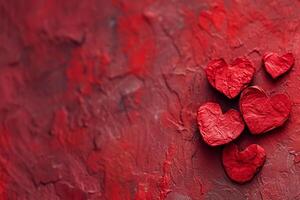 ai generiert rot Farbe Hintergrund umgeben durch romantisch Atmosphäre von schwebend rot Herz geformt ausgeschnitten Papiere foto