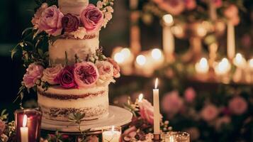 ai generiert ein drei abgestuft Kuchen mit Rosa Blumen auf oben von ein Tabelle mit Kerzen und Blumen auf das Seite von das Kuchen und auf das andere Seite von das Kuchen foto