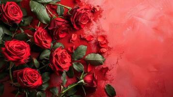 ai generiert rot Rosen Blume auf rot Hintergrund. Kopieren Raum. Blume rahmen. oben Sicht. hoch Qualität Foto