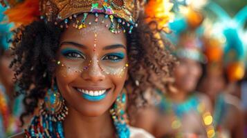 ai generiert Porträt von schön afro amerikanisch Frau mit Blau Lippen im Karneval Kostüm foto