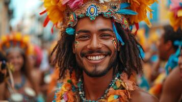 ai generiert Samba Schule ausführen beim Marken de Sapucai bekannt wie Sambodromo, zum das Karneval Samba Parade Meister. foto