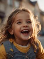 ai generiert süß wenig Mädchen Lachen glücklich im das Stadt während Morgen Zeit foto