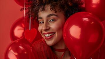 ai generiert Valentinstag Tag Konzept, strahlend Freude - - Frau mit rot Herz Luftballons feiern Valentinstag Tag foto