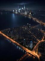 ai generiert ein modern Stadt Horizont allmählich drehen aus es ist Beleuchtung beim Nacht foto