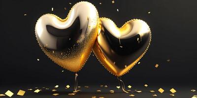 ai generiert Gold und Silber Farbe Liebe gestalten Luftballons mit 3d Rendern schwarz Hintergrund foto
