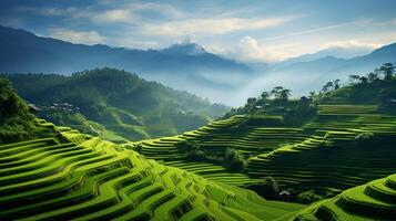 ai generiert Reis Paddy Terrassen Landschaft Hintergrund foto