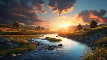 ai generiert Flussufer Sonnenaufgang Hintergrund foto