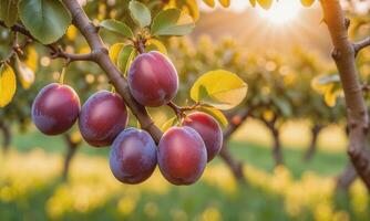 ai generiert reif Pflaumen auf ein Baum Ast im das Garten beim Sonnenuntergang foto