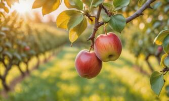 ai generiert Apfel auf ein Baum Ast im das Garten beim Sonnenuntergang foto