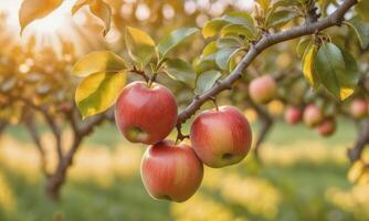 ai generiert Apfel auf ein Baum Ast im das Garten beim Sonnenuntergang foto