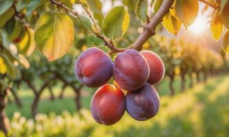 ai generiert reif Pflaumen auf ein Baum Ast im das Garten beim Sonnenuntergang foto