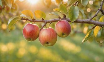 ai generiert Apfel auf ein Baum Ast im das Garten beim Sonnenuntergang foto