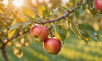 ai generiert Apfel auf ein Baum Ast im das Garten beim Sonnenuntergang foto