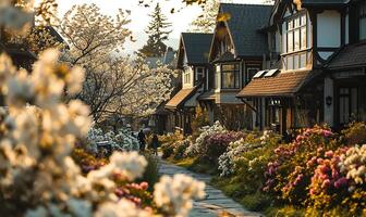 ai generiert Häuser mit ein Hintergrund von Frühling blüht foto